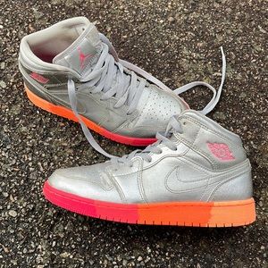 Silver and neon orange and pink Air Jordans. Size 5Y